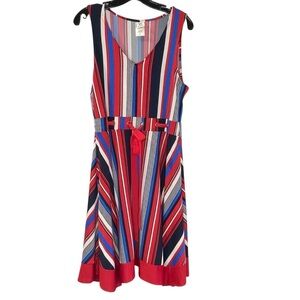 Wrapper Multicolor Striped Dress size L. Ribbon sash, Stretchy, July 4th
